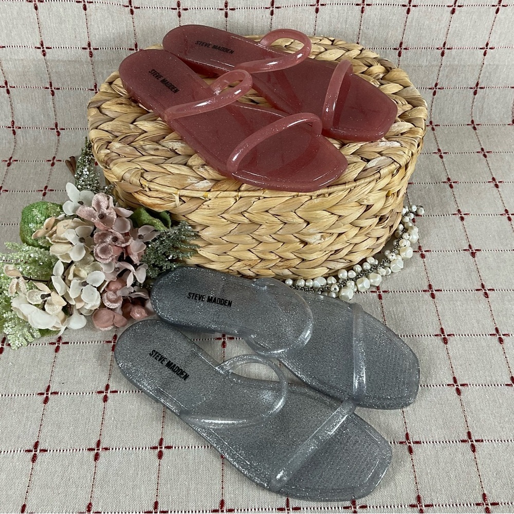 Set of 2 Steve Madden “PIKE” Jelly Flip Flop Sandals Size 6 Pink & Silver New - Picture 1 of 10